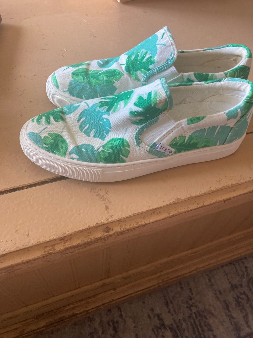J. Crew Kids White Canvas Slip-Ons with Green Leaf Print